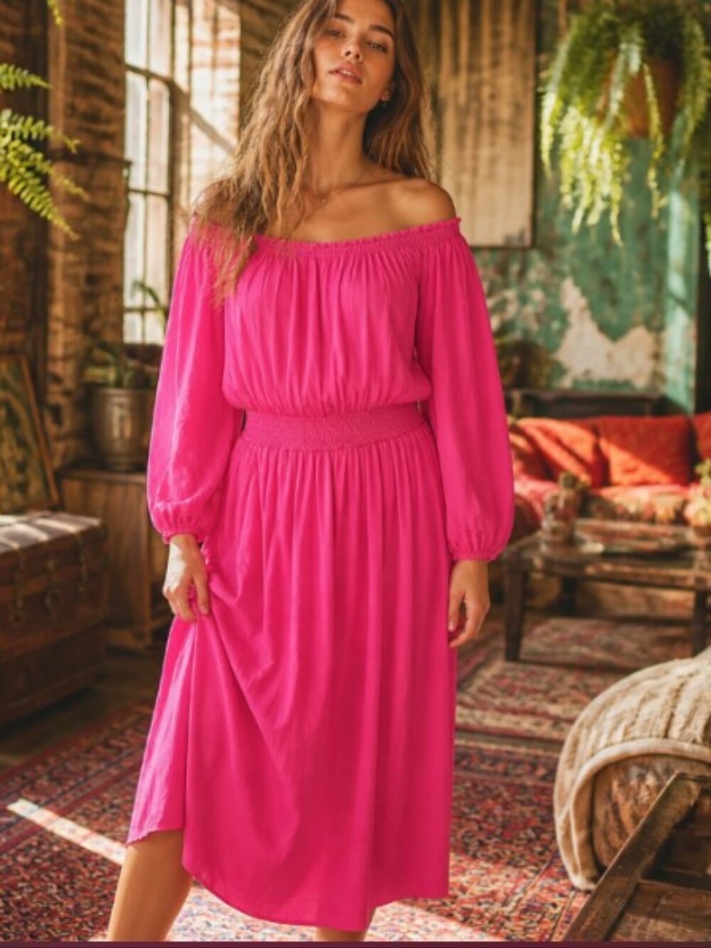Off-Shoulder Fuchsia Midi Dress with Smocked Waist